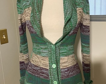 Vintage 1970's Green and Purple  Hippie Boho  Marled Striped Ribbed Skinny Acrylic Cardigan Sweater - Small