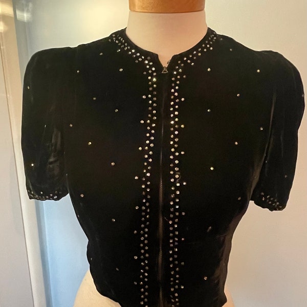 Vintage 1940's Black Silk Velvet Jeweled Bolero Short Puffed Sleeve Jacket