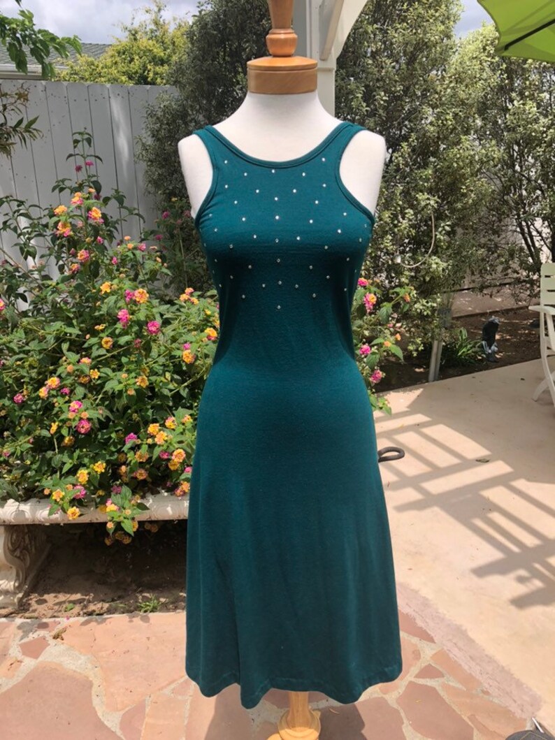 Amazing Vintage 1970/'s Forest Green Jersey Slinky Rhinestone Disco Tank Dress xssmall