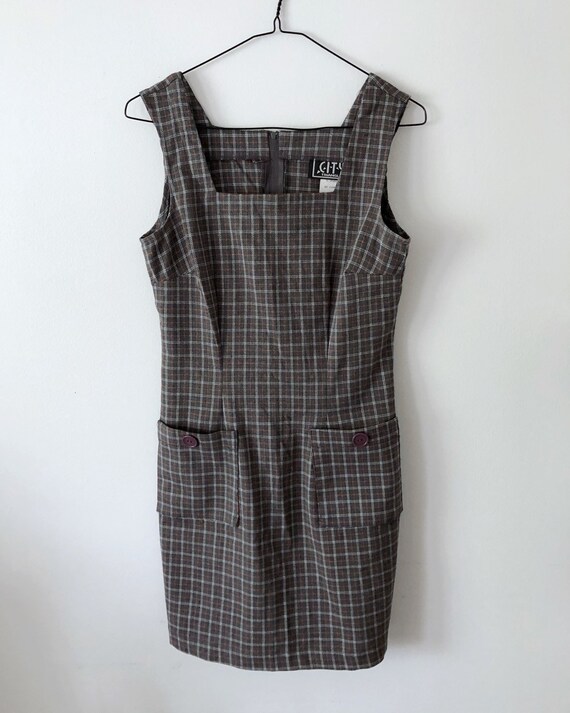 grey plaid overall dress