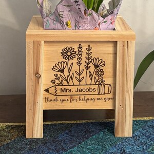 Personalized Teacher Planter Box | Engraved Wooden Flower Pot Holder, Helping Me Grow Gift