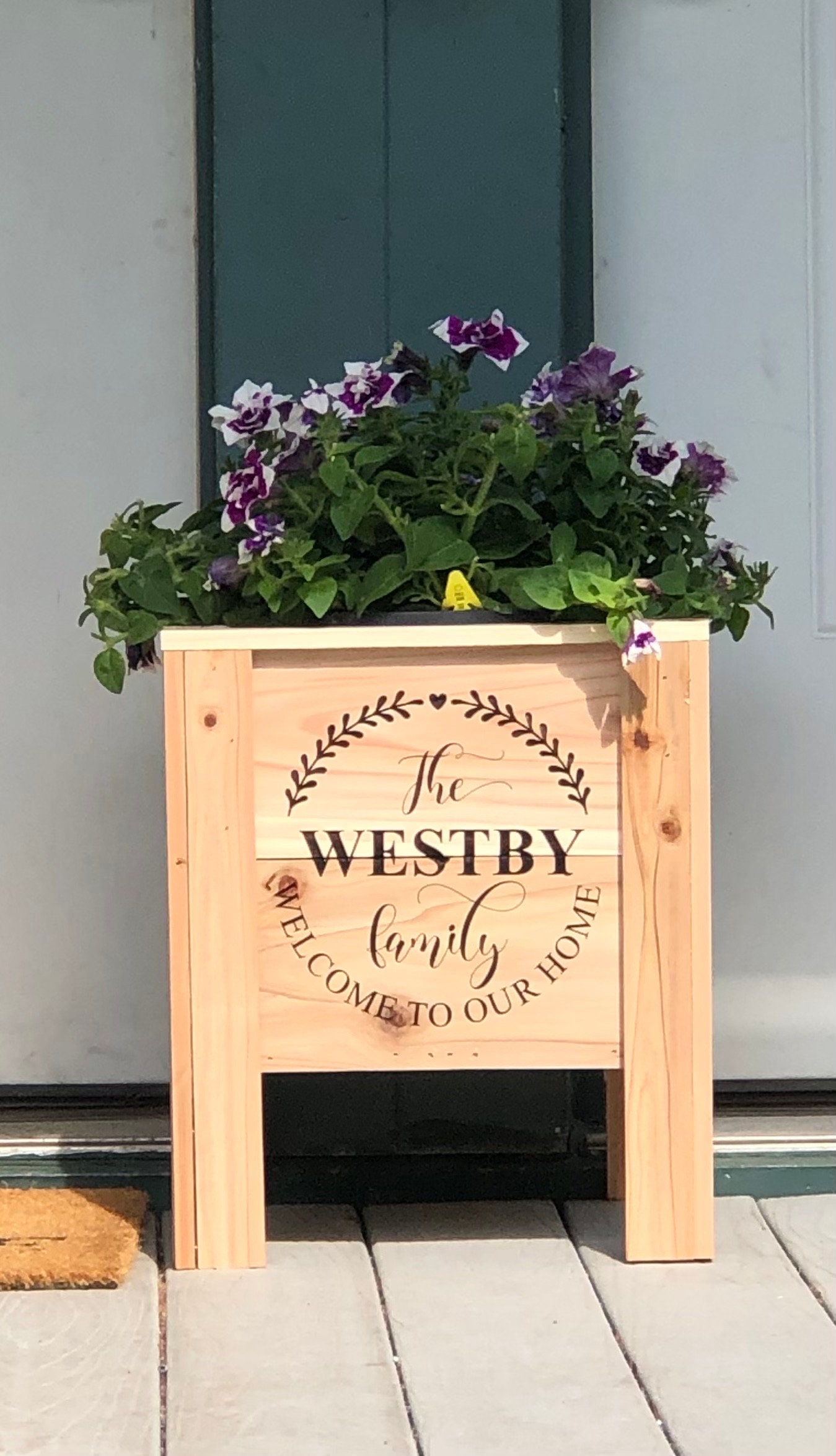 Laser Engraved Personalized Cedar Planter. Fully assembled box.