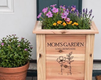 Personalized Cedar Planter Box, Engraved Birthflower Garden Gift