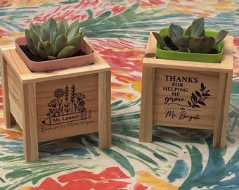 Personalized Teacher Planter Box | Engraved Wooden Flower Pot Holder, Grow Gift