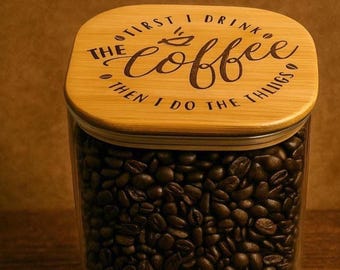Laser Engraved Coffee Bean Jar: Bamboo Lid, Coffee Lover Gift