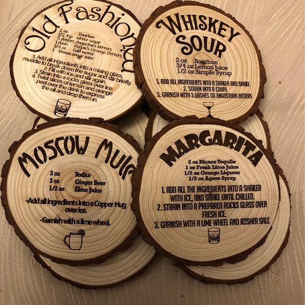 Wood slice cocktail recipe coasters