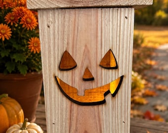 Halloween Cedar Lantern – Laser Cut Face  – Indoor/Outdoor Halloween Decor