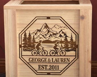 Laser Engraved Personalized Cedar Planter. Mountain and Biking Scene Fully assembled box.
