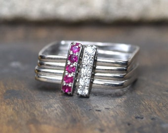 Ruby and Diamond Pavé Double Bar Multi Band Engagement Ring, Unique Ruby and Diamond Multi Band Ring, 18k White Gold Ruby and Diamond Pave