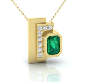 Emerald and Diamond Pave Gold Pendant, Unique Emerald Pendant, Emerald Contemporary Design