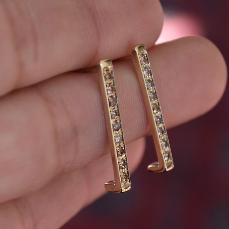 Cognac Diamond Pave Earring Bars, 0.45Ct Diamond Pave Bar Studs, Diamond Bar Earring Studs, 18K Yellow Gold Pave Cognac Diamond Bars image 5