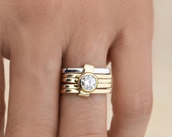 Unique Diamond Engagement Ring, Bezel Set Diamond Ring, Contemporary Engagement Ring, Two Tone Gold Bezel Diamond Ring, Multi-Band Ring