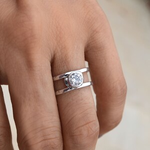 Diamond Bezel Engagement Ring, Modern Design 0.7 Ct Diamond Engagement Ring, 18K White Gold Diamond Clip Ring, Diamond Hammered Clip Ring