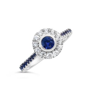 Unique Engagement Ring, Blue Sapphire and Diamond Halo Engagement Ring, 18K White Gold Sapphire Halo Ring