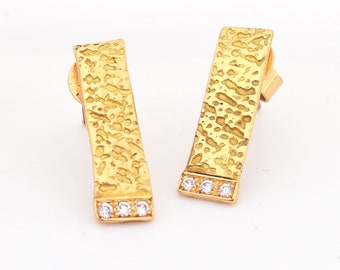 Textured Earring Studs with Pave Diamond, Cuttlefish Texture Bar Studs with Pave Diamond in 18K Yellow Gold, Pave Diamond Studs