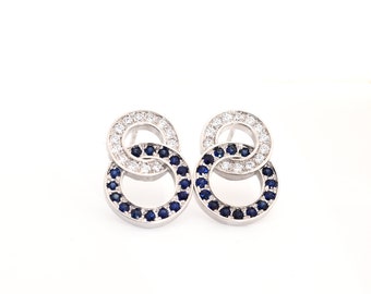 Sapphire and Diamond Pave circle earring studs in 18k White Gold, Sapphire and Diamond Pave Earring hoop studs