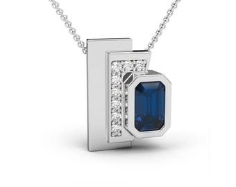 Firenze Pendant Sapphire Bezel Set and Diamond Pave in 18K White Gold, 18K White Gold Pendant, Contemporary Design Pendant, Bridal Jewellery