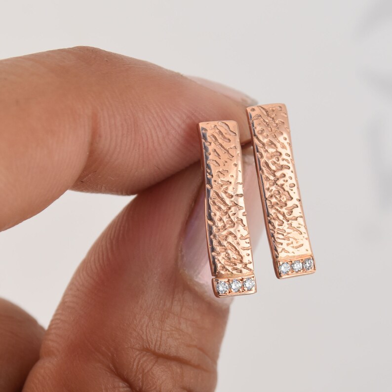 18k Rose Gold Pave Diamond Earrings, Cuttlefish Bone Texture Rose Gold Diamond Earring Studs, Rose Gold Diamond Textured Earring Stud Bars image 4