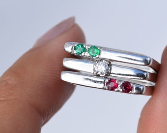 Multi Gem Stacking Rings, Birthstone Stacking Rings, Multi Gemstones and Diamond Ring, Ruby Ring, Emerald Ring, Contemporary Diamond Ring