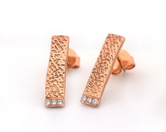 18k Rose Gold Pave Diamond Earrings, Cuttlefish Bone Texture Rose Gold Diamond Earring Studs, Rose Gold Diamond Textured Earring Stud Bars