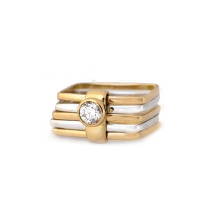 Diamond Bezel Set Engagement Ring, Two Tone 18k Gold Diamond multi band Ring, Unique Engagement Ring, Contemporary Square Engagement Ring