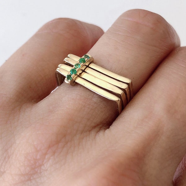 Emerald Anniversary Ring, 18K Yellow Gold Emerald Ring, Contemporary Emerald Ring, Multi Band Square Ring