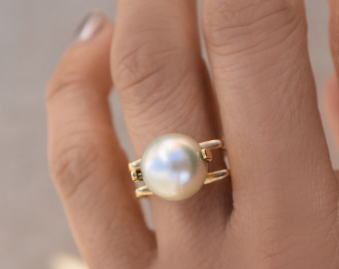 South Sea Pearl 18K Yellow Gold statement Ring, 12mm South Sea Pearl Ring, Contemporary Design Ring, Anniversary Pearl Ring