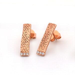 18k Rose Gold Pave Diamond Earrings, Cuttlefish Bone Texture Rose Gold Diamond Earring Studs, Rose Gold Diamond Textured Earring Stud Bars image 9