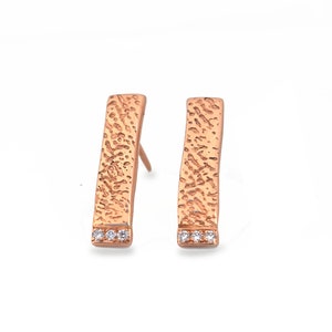 18k Rose Gold Pave Diamond Earrings, Cuttlefish Bone Texture Rose Gold Diamond Earring Studs, Rose Gold Diamond Textured Earring Stud Bars image 6