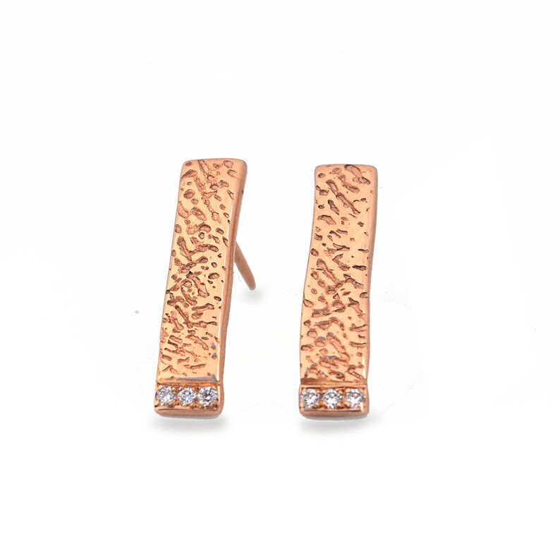 18k Rose Gold Pave Diamant Ohrringe, Tintenfisch Knochen Textur Rose Gold Diamant Ohrring Ohrstecker, Rose Gold Diamant Strukturierte Ohrring Stud Bars Bild 6