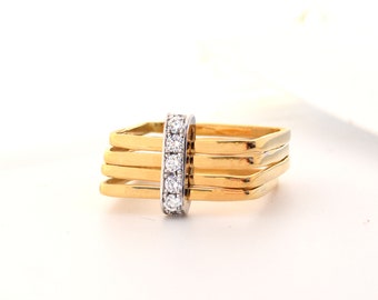 Unique Diamond Pave Engagement Ring, Two Tone 18K Gold Diamond Ring, Diamond Pave Square Shape Ring, 18K Gold and Diamond Pave Ring