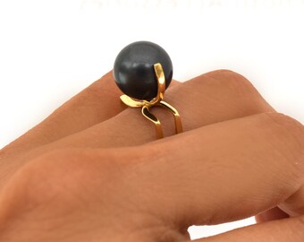 Tahitian Black Pearl Square Shape Ring, 18K Yellow Gold and Black Pearl Ring, June Birthstone Ring, Cocktail Ring