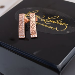 18k Rose Gold Pave Diamond Earrings, Cuttlefish Bone Texture Rose Gold Diamond Earring Studs, Rose Gold Diamond Textured Earring Stud Bars image 2