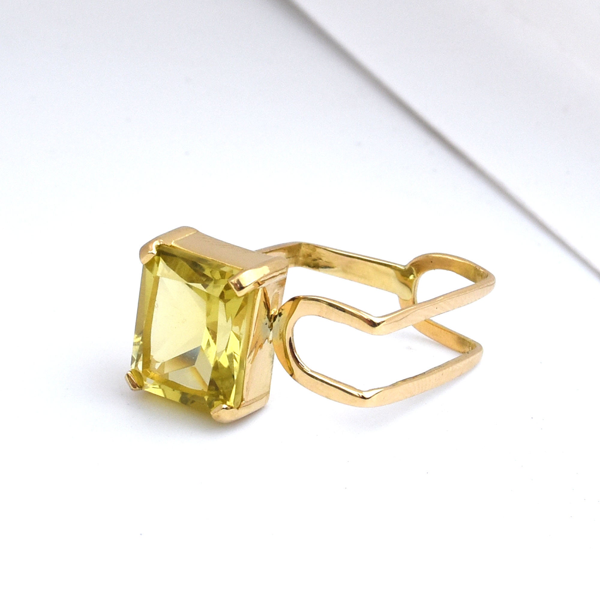 Lemon Quartz Cocktail Ring, 18k Yellow Gold Square Shape Ring, Unique