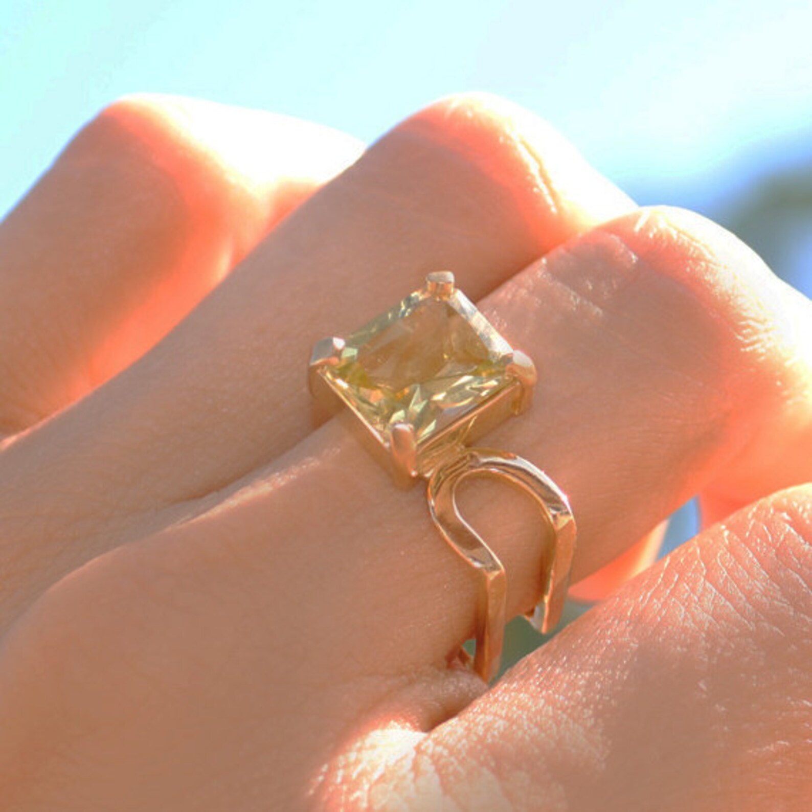 Lemon Quartz Cocktail Ring, 18k Yellow Gold Square Shape Ring, Unique