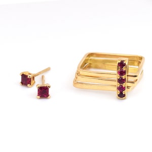 Princess Cut Ruby Earring Studs, 18K Yellow Gold and Ruby Princess Cut Earring Studs, July's Birthstone, Special Birthday Present image 6