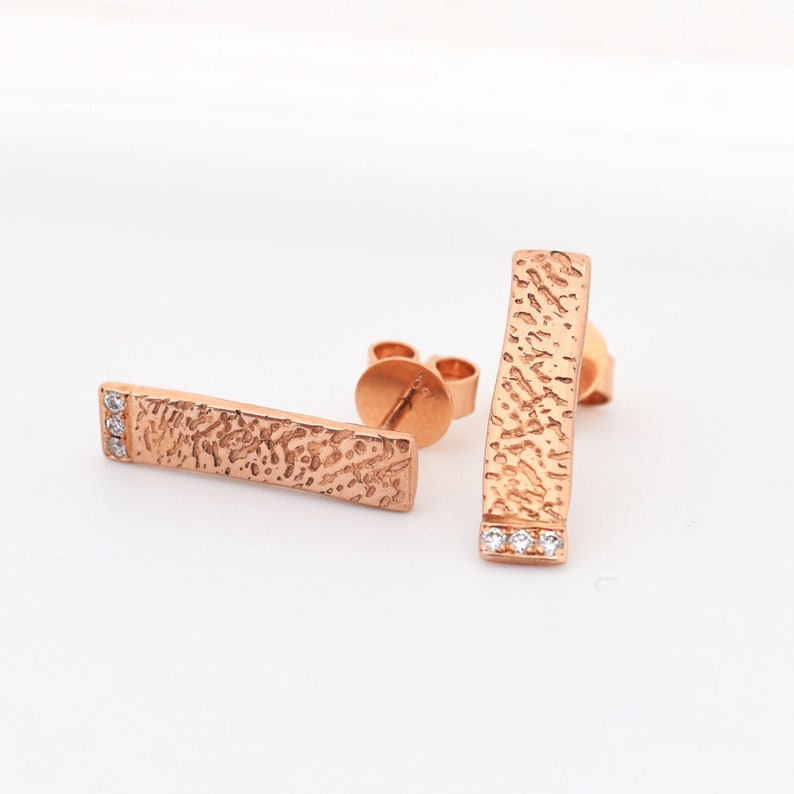 18k Rose Gold Pave Diamond Earrings, Cuttlefish Bone Texture Rose Gold Diamond Earring Studs, Rose Gold Diamond Textured Earring Stud Bars image 8