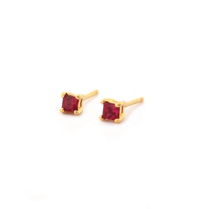 Princess Cut Ruby Earring Studs, 18K Yellow Gold and Ruby Princess Cut Earring Studs, July's Birthstone, Special Birthday Present image 1