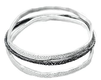 Sea Inspired Texture Bangles, Set of 3, Sterling Silver Bangles
