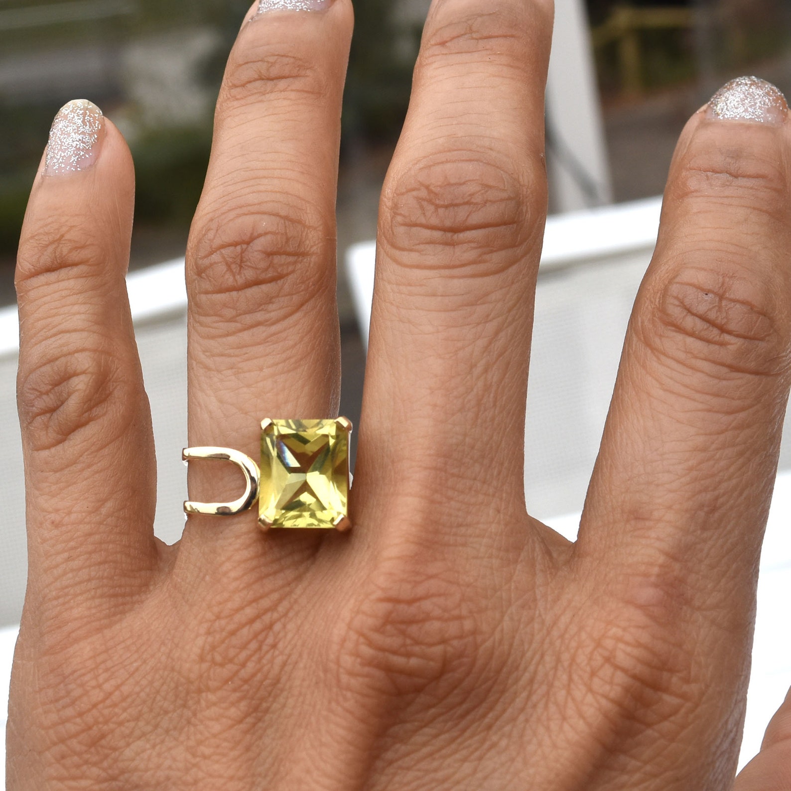 Lemon Quartz Cocktail Ring, 18k Yellow Gold Square Shape Ring, Unique