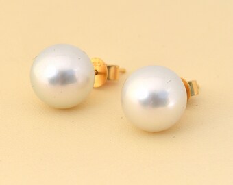 10.5mm South Sea Pearls Earrings Studs in 18K Yellow Gold,June's Birthstone,Genuine South Sea Pearl White Colour,AA South Sea Pearl Studs