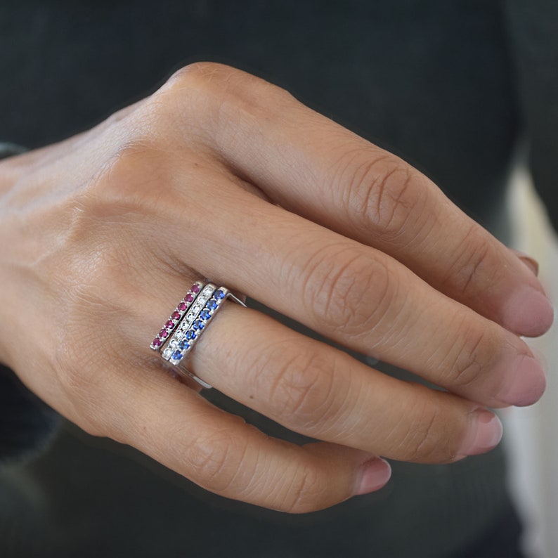 Sapphire Pave Sleek Square Band in 18k White Gold, Sapphire Pave Ring, Sapphire Pave Stacking Ring, Sapphire Ring, Sapphire Square Ring image 2