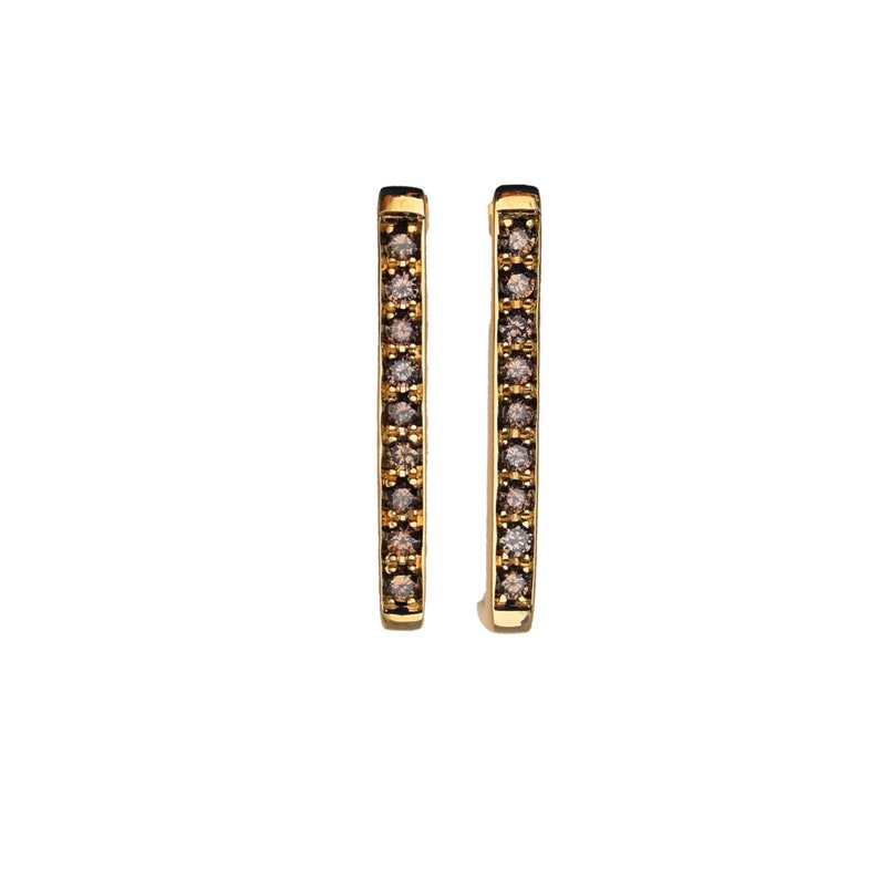 Cognac Diamond Pave Earring Bars, 0.45Ct Diamond Pave Bar Studs, Diamond Bar Earring Studs, 18K Yellow Gold Pave Cognac Diamond Bars image 1
