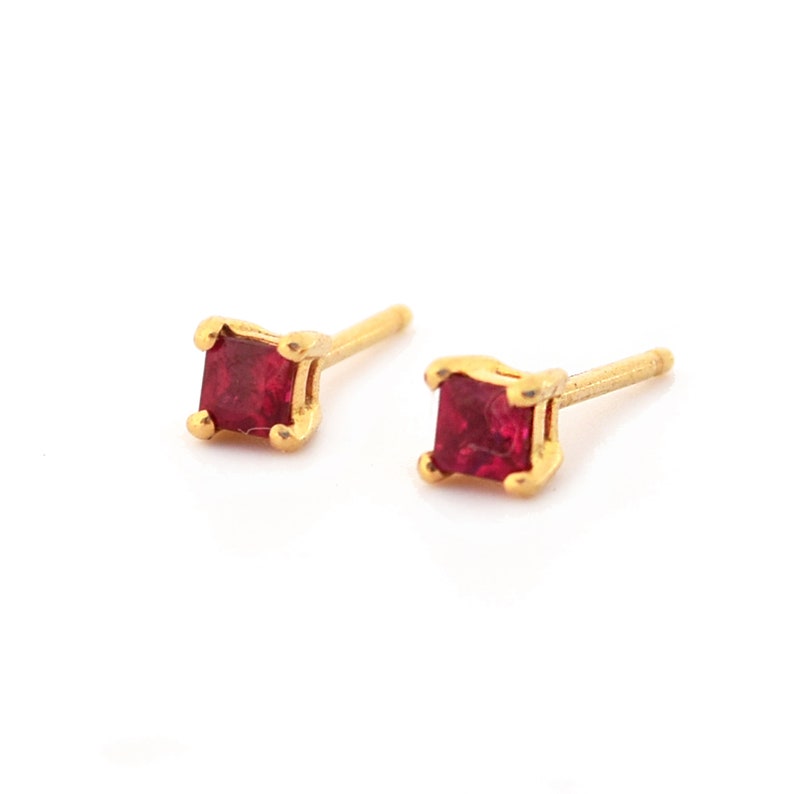 Princess Cut Ruby Earring Studs, 18K Yellow Gold and Ruby Princess Cut Earring Studs, July's Birthstone, Special Birthday Present image 2