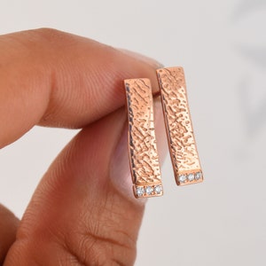 18k Rose Gold Pave Diamond Earrings, Cuttlefish Bone Texture Rose Gold Diamond Earring Studs, Rose Gold Diamond Textured Earring Stud Bars image 5