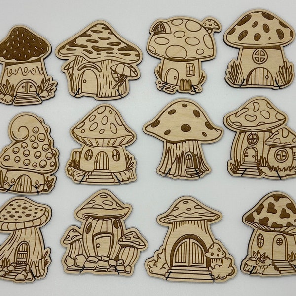 Wooden Bobbins - Mushroom Houses Floss Organization - Embroidery, Cross Stitch, Needlepoint - Sewing Storage