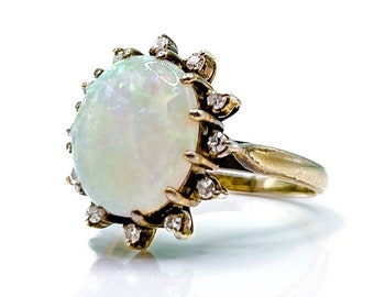 Vintage Opal Diamond Halo Gemstone Ring in 14k Gold, Vintage Jewelry from the 1970s - Timeless, Sustainable, @JewelryOnRepeat