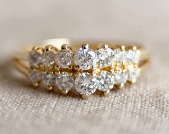 Vintage Diamond Wedding Band, 14k Gold, Round Cut Prong Set, Double Row Anniversary Ring