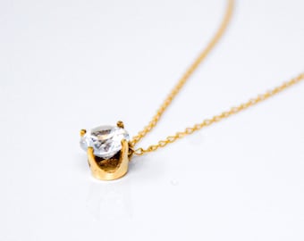 Cubic Zirconia Pendant, 14k Gold Imitation Diamond Necklace, Vintage Jewelry Gift for Women