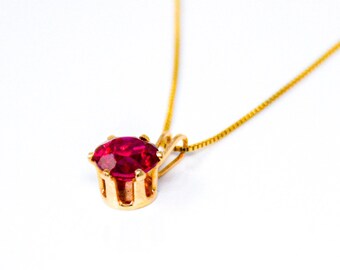 Gold Ruby Pendant, 14k Gold Round Cut Lab Created Ruby Gemstone Necklace, Vintage Jewelry Gift for Women